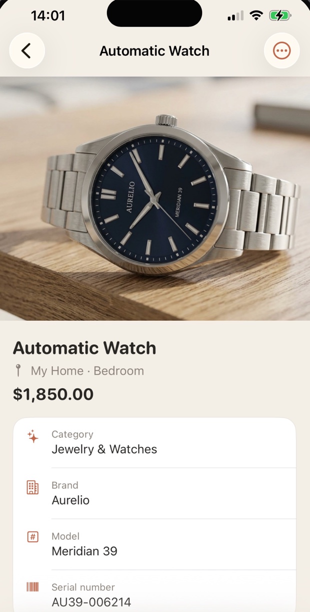 An item's detail screen showing its photo, value, category, brand, model, and serial number